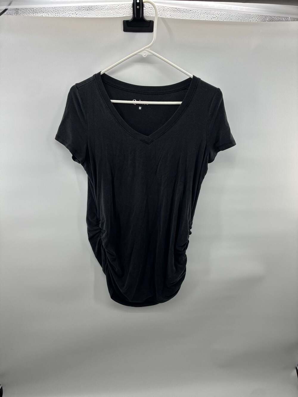Quince V-Neck Maternity Top Size M Black Side Ruched T-Shirt